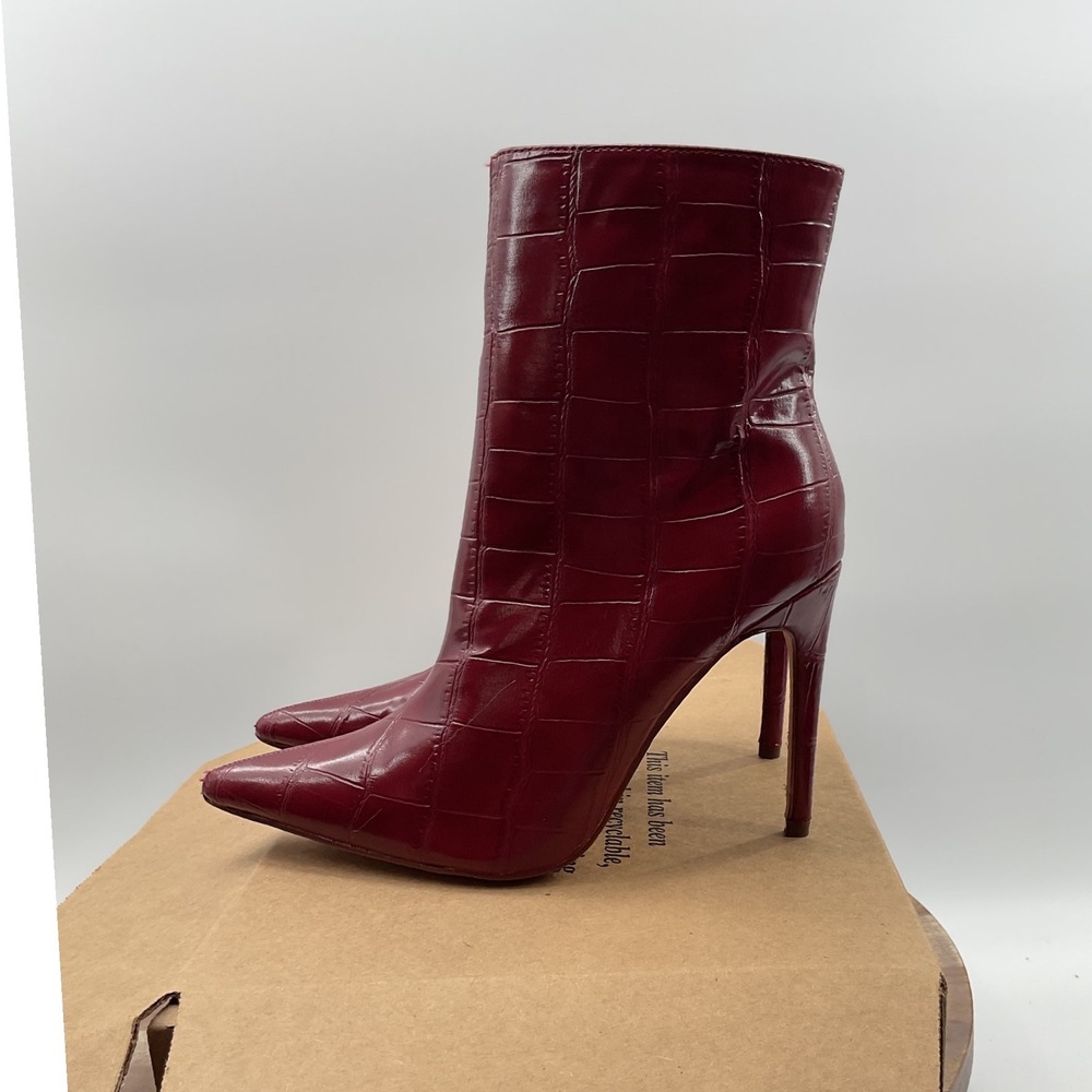 Chase Chloe Kimmy-2 Burgundy Croc Embossed Pointed Toe Stiletto Ankle Boots 7.5